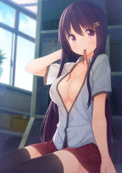Rule 34 | 1girl, black hair, black thighhighs, blush, bookshelf, breasts, brown eyes, cleavage, day, eyebrows, hair ornament, hair ribbon, hairclip, indoors, large breasts, long hair, looking at viewer, mouth hold, no bra, open clothes, open shirt, original, red eyes, red skirt, ribbon, shirt, sitting, siva (executor), skirt, smile, solo, thighhighs, window, zettai ryouiki