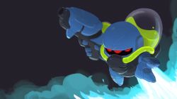 Rule 34 | 1boy, armor, extra eyes, flying, gloves, gun, helmet, jetpack, justin chan, lil&#039; hunter, male focus, negative space, nuclear throne, official art, red eyes, smoke, solo, weapon