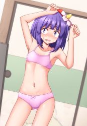 Rule 34 | 1girl, armpits, arms up, bare arms, bare shoulders, blunt bangs, blush, bow, bow panties, bra, collarbone, commentary request, constricted pupils, cowboy shot, embarrassed, flat chest, flower, gluteal fold, hair flower, hair ornament, hieda no akyuu, highres, indoors, looking at viewer, navel, nose blush, open mouth, panties, pink bra, pink panties, purple eyes, purple hair, shiny skin, short hair, solo, standing, stomach, sweat, teoi (good chaos), thighs, touhou, underwear, white flower