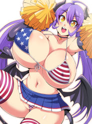 Rule 34 | 1girl, american flag bikini, american flag print, bikini, black gloves, breasts, cheerleader, demon girl, demon tail, demon wings, elbow gloves, flag print, gloves, heart, horns, huge breasts, long hair, nishida megane, original, pointy ears, pom pom (cheerleading), print bikini, purple hair, simple background, skirt, smile, solo, striped clothes, striped thighhighs, swimsuit, tail, thighhighs, twintails, very long hair, white background, wings, yellow eyes