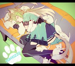 Rule 34 | 1girl, ahoge, animal ears, atalanta (fate), backless outfit, bad id, bad twitter id, cat, cat day, couch, dated, fate/apocrypha, fate (series), garter straps, gloves, gradient hair, miyuki ruria, multicolored hair, paw print, sleeping, sleeping on person, solo, tail, tail wagging, too many, too many cats