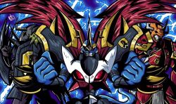 Rule 34 | armor, blackwargreymon, clenched hands, digimon, digimon (creature), dragon, full armor, imperialdramon, imperialdramon fighter mode, kaisergreymon, looking at viewer, wings