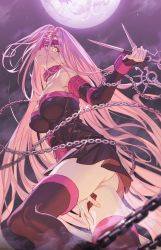 Rule 34 | absurdres, ass, bare shoulders, black thighhighs, breasts, chain, cleavage, collar, collarbone, commentary request, detached sleeves, dress, fate/stay night, fate (series), film grain, from below, from side, hand on own thigh, head tilt, highres, hxxg, large breasts, long hair, looking at viewer, medusa (fate), medusa (rider) (fate), moon, nameless dagger (fate), night, night sky, no panties, outdoors, pink hair, sky, solo, square pupils, standing, thighhighs, very long hair, wavy mouth, yellow eyes