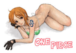 Rule 34 | 1girl, bad id, bad pixiv id, bikini, bottomless, copyright name, gloves, legs together, lingerie, lying, nami (one piece), no panties, on side, one piece, orange hair, ponsuke (pon00000), short hair, smile, solo, swimsuit, tattoo, underwear