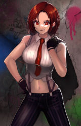 Rule 34 | 1girl, absurdres, breasts, earrings, gloves, hand on own hip, highres, jacket, jacket over shoulder, jewelry, lipstick, looking at viewer, makeup, medium breasts, midriff, navel, necktie, pants, parted lips, red eyes, red hair, rokuba, shirt, short hair, sleeveless, smile, solo, striped clothes, striped pants, striped shirt, suspenders, the king of fighters, unworn jacket, vanessa (kof), vertical-striped clothes, vertical-striped shirt