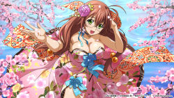 Rule 34 | 1girl, antenna hair, bare arms, blue ribbon, breasts, brown hair, cherry blossoms, cleavage, collarbone, dress, floating hair, flower, glasses, green eyes, hair flower, hair ornament, highres, ikkitousen, large breasts, long hair, neck ribbon, official art, pink dress, pink flower, ribbon, ryuubi gentoku, shiny skin, solo, spring (season), strapless, strapless dress, very long hair