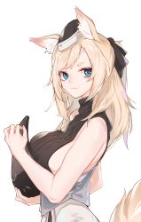 Rule 34 | 1girl, animal ear fluff, animal ears, arknights, armor, black hat, black sweater, blonde hair, blue eyes, breastplate, chinese commentary, closed mouth, commentary, fang, from side, garrison cap, hat, highres, horse ears, horse tail, inniyik, long hair, long sleeves, looking at viewer, looking to the side, removing, ribbed sweater, simple background, skin fang, sleeveless, sleeveless sweater, smile, solo, sweater, swept bangs, tail, thick eyebrows, upper body, whislash (arknights), white background