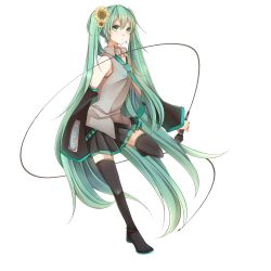 Rule 34 | 1girl, boots, detached sleeves, flower, full body, green eyes, green hair, hair flower, hair ornament, haru (haru2079), hatsune miku, highres, long hair, matching hair/eyes, microphone, necktie, skirt, solo, thigh boots, thighhighs, transparent background, twintails, very long hair, vocaloid