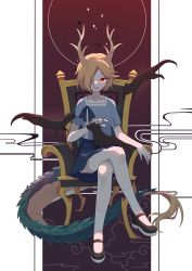 Rule 34 | 1girl, absurdres, animal, animal on lap, antlers, bing zizi, black footwear, blonde hair, blue shirt, blue skirt, bow, chair, collarbone, commentary request, crossed legs, dragon girl, dragon tail, flat chest, full body, headpat, highres, horns, kicchou yachie, looking at viewer, mary janes, on lap, open mouth, pleated skirt, red eyes, shirt, shoes, short hair, sitting, skirt, smile, socks, tail, touhou, weasel, white socks