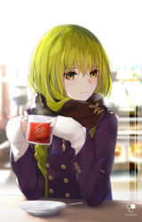 Rule 34 | 1other, androgynous, bee doushi, black tea, blurry, blurry background, blush, breath, brown scarf, commentary request, cup, depth of field, drink, elbows on table, enkidu (fate), enpera, fate/strange fake, fate (series), green eyes, green hair, hair between eyes, highres, holding, holding cup, jacket, long hair, long sleeves, looking away, looking to the side, purple jacket, saucer, scarf, sleeves past wrists, solo, spoon, sweater, table, tea, transparent, upper body, very long hair, white sweater