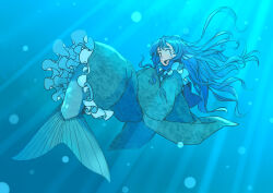 Rule 34 | 1girl, alternate hair length, alternate hairstyle, blue eyes, blue hair, blush, fins, frilled kimono, frills, full body, green kimono, head fins, japanese clothes, kimono, long hair, long sleeves, mermaid, monster girl, open mouth, rangycrow, smile, solo, touhou, underwater, wakasagihime, wide sleeves