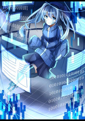 Rule 34 | 10s, 1girl, absurdres, bad id, bad pixiv id, binary, blue eyes, blue hair, blue theme, boots, cable, ene (kagerou project), enomoto takane, floating, gevjon, grid, headphones, highres, holographic monitor, jacket, kagerou project, letterboxed, matching hair/eyes, mekakucity actors, sleeves past wrists, smile, solo, thigh boots, thighhighs, track jacket, twintails