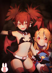 Rule 34 | 2girls, belt, blonde hair, boots, choker, demon tail, disgaea, disgaea d2, etna (disgaea), fang, flat chest, flonne, flonne (fallen angel), gloves, long hair, looking at viewer, multiple girls, navel, pointy ears, prinny, red eyes, red hair, slit pupils, tail, thigh boots, thighhighs, twintails, wrynegade