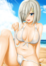 Rule 34 | 10s, 1girl, abukobato, alternate costume, arm support, beach, bikini, blue eyes, blush, breasts, cleavage, cloud, cloudy sky, collarbone, day, eyes visible through hair, groin, hair ornament, hair over one eye, hairclip, hamakaze (kancolle), highres, kantai collection, knee up, large breasts, looking at viewer, navel, ocean, outdoors, parted lips, short hair, silver hair, sitting, sky, smile, solo, stomach, sunlight, swimsuit, untied bikini, white bikini