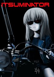 Rule 34 | 1girl, belt, black-framed eyewear, black background, black belt, black jacket, black pants, black shirt, blurry, blurry foreground, closed mouth, commentary, depth of field, emblem, facing viewer, frown, girls und panzer, gun, holding, holding gun, holding weapon, itsumi erika, jacket, kamishima kanon, kuromorimine (emblem), leather, leather belt, leather jacket, long sleeves, medium hair, motor vehicle, motorcycle, open clothes, open jacket, pale skin, pants, parody, riding, shirt, shotgun, silver hair, solo, sunglasses, terminator (series), terminator 2: judgment day, weapon