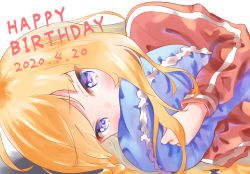 Rule 34 | 1girl, birthday, blonde hair, blue eyes, blush, commentary, cushion, dated, english text, face, gabriel dropout, gabriel tenma white, happy birthday, highres, jacket, long hair, long sleeves, looking at viewer, lying, hugging object, on side, orange0150, pillow, pillow hug, red jacket, shadow, sidelocks, solo, white background