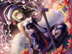 Rule 34 | 1girl, artoria pendragon (all), artoria pendragon (fate), bad id, bad pixiv id, bare shoulders, black thighhighs, blonde hair, ells, excalibur morgan (fate), fate/grand order, fate (series), gift, gloves, hair ribbon, hat, looking at viewer, ribbon, saber (fate), saber alter, santa alter, santa costume, santa hat, sitting, snow, solo, thighhighs, winter, yellow eyes