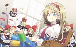 Rule 34 | 1girl, alice margatroid, apron, black dress, black socks, blonde hair, blue dress, blue eyes, blush, bow, bowtie, buttons, capelet, carving, closed eyes, closed mouth, clover, collared capelet, doll, dress, eyelashes, fabric, fingerless gloves, flying sweatdrops, four-leaf clover, frilled bowtie, frilled capelet, frilled hairband, frills, game cg, gloves, hair bow, hairband, holding, holding doll, holding scissors, holding sewing needle, indoors, lolita hairband, long dress, long hair, long sleeves, looking at viewer, official art, open box, oversized object, puffy long sleeves, puffy sleeves, red bow, red bowtie, red hairband, ruler, satou kibi, scissors, shanghai doll, short hair, sitting, smile, socks, sparkle, third-party source, thread, touhou, touhou cannonball, white apron, white capelet, white footwear, white sleeves, window