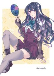 Rule 34 | 1girl, black hair, blouse, boots, breasts, brown footwear, brown gloves, cross-laced footwear, fingerless gloves, gloves, grey thighhighs, hairband, hand fan, highres, holding, holding fan, kantai collection, lace-up boots, large breasts, long hair, looking at viewer, multicolored hair, naganami (kancolle), naganami kai ni (kancolle), nun (eri), pink hair, pleated skirt, purple skirt, school uniform, shirt, short sleeves, simple background, sitting, skirt, solo, thighhighs, twitter username, white background, white hairband, white shirt