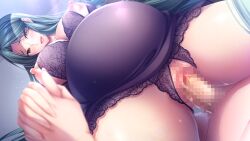 Rule 34 | 1girl, blush, breasts, bunny&#039;s mama daikou service, censored, choco chip, clothed female nude male, cowgirl position, crotchless, crotchless panties, from below, game cg, girl on top, green hair, groin, holding hands, huge breasts, indoors, joudohama kana, large areolae, legs, long hair, lying, mosaic censoring, nippleless clothes, nipples, nude, orange eyes, original, panties, penis, pov, pregnant, pussy, sex, straddling, thighs, underwear, vaginal