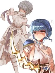 Rule 34 | 1girl, alternate costume, blue hair, braid, breasts, brown eyes, closed eyes, closed mouth, crown braid, dancer, dancer (fire emblem: three houses), dress, fire emblem, fire emblem: three houses, gladiator sandals, highres, holding, holding sword, holding weapon, large breasts, marianne von edmund, multiple views, nintendo, sandals, sideboob, simple background, single-shoulder dress, soto, sword, weapon, white background