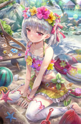 Rule 34 | 1girl, :i, ball, bare shoulders, beach, beach chair, beach house, beachball, between legs, bikini, blue flower, blush, bracelet, bucket, closed mouth, collarbone, commentary request, day, earrings, fate/grand order, fate (series), flower, flower earrings, frilled skirt, frills, gradient skirt, hair between eyes, halterneck, hand between legs, head wreath, hibiscus, highres, jewelry, kama (fate), kama (swimsuit avenger) (fate), kama (swimsuit avenger) (first ascension) (fate), looking at viewer, miniskirt, outdoors, palm tree, pleated skirt, pout, purple flower, red eyes, rock, sand, sandals, unworn sandals, seashell, shell, short hair, silver hair, sitting, skirt, solo, starfish, swimsuit, thighhighs, tree, trowel, v arms, wariza, water, white flower, white thighhighs, yellow flower