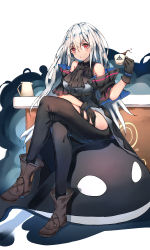 Rule 34 | 1girl, absurdres, arknights, ascot, bare shoulders, black ascot, black footwear, black gloves, black pants, boots, breasts, clothing cutout, commentary request, crossed legs, cup, gloves, hair between eyes, hand up, highres, holding, holding cup, large breasts, leggings, long hair, looking at viewer, mig77, no headwear, pants, red eyes, silver hair, sitting, skadi (arknights), skadi (elite ii) (arknights), solo, thigh cutout, thighs, very long hair, white background