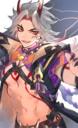 Rule 34 | 1boy, arataki itto, black nails, genshin impact, highres, horns, long hair, looking at viewer, male focus, muscular, muscular male, nail polish, open mouth, red eyes, red horns, sachico66, smile, solo, spiked hair, vision (genshin impact), white hair
