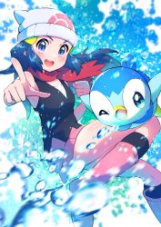 Rule 34 | 1girl, :d, absurdres, beanie, black legwear, blue eyes, blue hair, blurry, blush, boots, clenched hand, commentary, creatures (company), dawn (pokemon), eyelashes, floating hair, floating scarf, game freak, gen 4 pokemon, hair ornament, hairclip, hat, highres, long hair, looking at viewer, nintendo, open mouth, pink footwear, piplup, pointing, pokemon, pokemon (anime), pokemon (creature), pokemon dppt (anime), pon yui, red scarf, scarf, shiny skin, sleeveless, smile, socks, teeth, tongue, upper teeth only, water, water drop, white headwear