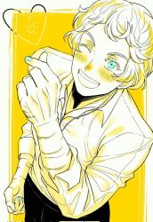Rule 34 | 1boy, black pants, blonde hair, blue eyes, hand up, heart (symbol), long hair, looking up, one eye closed, open mouth, pants, roland fortis, shirt, smile, solo, vanitas no carte, white background, white shirt, yellow background