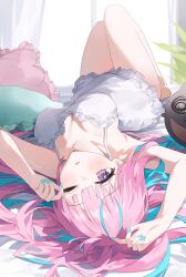 Rule 34 | 1girl, absurdres, aqua hair, aqua nails, bare arms, bare legs, blush, breasts, collarbone, commentary request, curtains, fingernails, hair flowing over, highres, hololive, indoors, knees up, large breasts, long hair, looking at viewer, lying, minato aqua, multicolored hair, nail polish, neko (minato aqua), nel dcm, nightgown, on back, one eye closed, open mouth, panties, pillow, pink eyes, pink hair, pink panties, pink pillow, plant, rubbing eyes, solo, streaked hair, thighs, two-tone hair, underwear, virtual youtuber, white nightgown