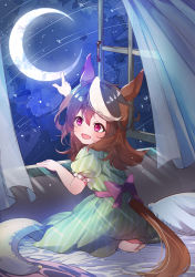 Rule 34 | 1girl, absurdres, aged down, animal ears, black hair, bow, brown hair, clothing cutout, crescent moon, curtains, dress, earrings, en (mdka5258), green dress, highres, horse ears, horse girl, horse tail, jewelry, medium hair, moon, multicolored hair, name connection, object namesake, on bed, open window, pillow, pointing, purple eyes, single earring, solo, symboli rudolf (umamusume), tail, tail through clothes, umamusume, waist bow, white hair, window