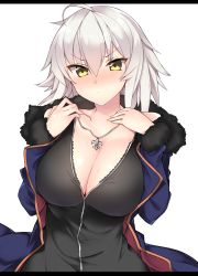 Rule 34 | 1girl, absurdres, ahoge, bad id, bad pixiv id, bare shoulders, black shirt, blush, breasts, cleavage, closed mouth, collarbone, embarrassed, fate/grand order, fate (series), fleur-de-lis, frown, fur-trimmed jacket, fur-trimmed sleeves, fur trim, hair between eyes, hands up, haruyuki (yukichasoba), highres, jacket, jeanne d&#039;arc (fate), jeanne d&#039;arc alter (fate), jeanne d&#039;arc alter (ver. shinjuku 1999) (fate), jewelry, large breasts, letterboxed, long sleeves, necklace, official alternate costume, open clothes, open jacket, shirt, short hair, silver hair, simple background, sleeveless, sleeveless shirt, solo, standing, upper body, v-shaped eyebrows, white background, wing collar, yellow eyes