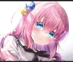 Rule 34 | 1girl, bloom, blue eyes, blush, bocchi the rock!, bow, chi no, commentary, crying, cube hair ornament, eyelashes, frown, gotoh hitori, hair between eyes, hair ornament, head down, highres, lips, long hair, looking at viewer, one side up, pink hair, pink track suit, red bow, sailor collar, shirt, sidelocks, simple background, solo, sparkle, straight hair, tears, wavy mouth, white background, white sailor collar, white shirt