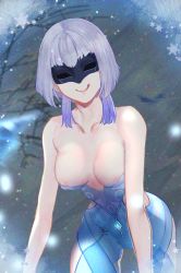Rule 34 | 1girl, absurdres, bare shoulders, breasts, cicin mage (genshin impact), collarbone, cryo cicin mage (genshin impact), erlnr, genshin impact, highres, huge filesize, large breasts, mask, partially undressed, short hair, snowflakes, snowing, solo, tongue, tongue out, white hair