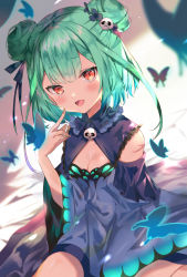 Rule 34 | 1girl, bug, butterfly, detached sleeves, double bun, dress, frilled dress, frills, gradient hair, green hair, hair bun, hair ornament, hair ribbon, highres, hololive, insect, multicolored hair, orange eyes, ribbon, satoupote, sitting, skull hair ornament, solo, uruha rushia, uruha rushia (1st costume), virtual youtuber