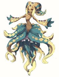 Rule 34 | 1girl, blue skin, breasts, brown background, closed mouth, colored skin, commentary request, extra eyes, full body, gills, komori uta (comori uta), looking at viewer, monster girl, original, oversized forearms, oversized limbs, red pupils, scylla, simple background, small breasts, smile, solo, tentacle hair, yellow eyes, yellow skin