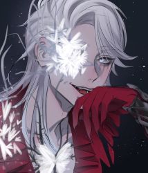Rule 34 | 1boy, gloves, grey hair, highres, medium hair, naib subedar, one eye covered, open mouth, red gloves, red shirt, shirt, smile, solo, sparkle, stitched mouth, stitches, t731i