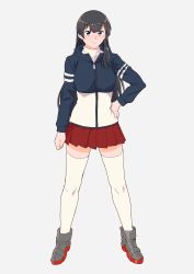 Rule 34 | 1girl, agano (kancolle), bad id, bad twitter id, black hair, black jacket, boots, full body, green eyes, hand on own hip, highres, jacket, kantai collection, long hair, looking at viewer, multicolored clothes, multicolored jacket, ojipon, pleated skirt, red skirt, skirt, solo, standing, striped, sweater, thighhighs, track jacket, turtleneck, two-tone jacket, white sweater, white thighhighs