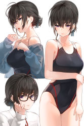Rule 34 | 1girl, :o, ahoge, bare shoulders, black-framed eyewear, black hair, black one-piece swimsuit, black ribbon, blue jacket, blush, breasts, closed mouth, collarbone, collared shirt, commentary request, competition swimsuit, covered navel, cowboy shot, expressionless, glasses, hair bun, hair ribbon, hand on own cheek, hand on own face, highres, jacket, kfr, long sleeves, looking at viewer, looking away, looking down, medium breasts, multiple views, off shoulder, one-piece swimsuit, open clothes, open jacket, open mouth, original, purple eyes, ribbon, shirt, simple background, single hair bun, skin tight, sleeves past wrists, swimsuit, water, white background, white shirt