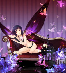 Rule 34 | 10s, 1girl, accel world, antenna hair, birdcage, black hair, bug, butterfly, butterfly wings, cage, couch, fairy, highres, huazha01, insect, insect wings, kuroyukihime, lingerie, long hair, o-ring, o-ring bottom, orange eyes, parted lips, solo, strap slip, striped, striped background, underwear, vertical stripes, wings