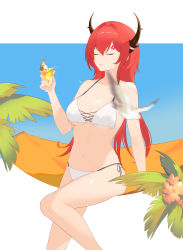 Rule 34 | 1girl, absurdres, anger vein, arknights, bare arms, bare legs, bare shoulders, bikini, bird, breasts, closed eyes, commentary request, cup, feet out of frame, flower, food, hair between eyes, hair intakes, hammock, hand up, highres, holding, holding cup, horns, ice cream, large breasts, long hair, looking at viewer, medium breasts, navel, pink flower, red hair, side-tie bikini bottom, sitting, slu w, solo, stomach, surtr (arknights), swimsuit, thighs, very long hair, white bikini