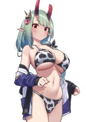 Rule 34 | 1girl, :o, absurdres, akari (baffu), animal print, baffu, bare hips, bare shoulders, bikini, breasts, broken horn, cleavage, unworn clothes, cow print, green hair, hair ornament, highres, horns, jacket, jacket partially removed, large breasts, looking at viewer, oni, oni horns, original, partially undressed, pointy ears, red eyes, red horns, simple background, solo, swimsuit, thighhighs, thighs, underboob, white background