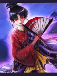 Rule 34 | 1girl, black hair, copepe, hand fan, highres, holding, holding fan, inuyasha, kagura (inuyasha), long sleeves, looking at viewer, outdoors, pointy ears, red eyes, red lips, solo, wide sleeves