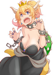 Rule 34 | 1girl, armlet, bare shoulders, black collar, black corset, black dress, blonde hair, blue eyes, bowsette, bracelet, breasts, choker, cleavage, collar, corset, crown, dragon girl, dragon tail, dress, earrings, horns, jewelry, large breasts, long hair, looking at viewer, mario (series), new super mario bros. u deluxe, nintendo, open mouth, ponytail, sharp teeth, skirt, solo, spiked armlet, spiked bracelet, spiked choker, spiked collar, spiked tail, spikes, strapless, strapless dress, super crown, tail, teeth, thick eyebrows