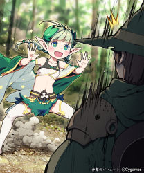 Rule 34 | 10s, 1boy, 1girl, :d, ^^^, ahoge, bad id, bad pixiv id, blush, braid, flower, green hair, hair flower, hair ornament, hat, len (a-7), navel, open mouth, pointy ears, polka (shingeki no bahamut), shingeki no bahamut, smile, star-shaped pupils, star (symbol), symbol-shaped pupils, thighhighs, twin braids, white thighhighs