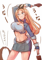Rule 34 | 1girl, bandeau, black hairband, blonde hair, blue eyes, bokukawauso, breasts, chopsticks, cleavage, commentary request, cowboy shot, cropped jacket, fish (food), grey jacket, grey skirt, grilled eel, hairband, jacket, kantai collection, large breasts, long hair, long sleeves, nelson (kancolle), otter, race queen, simple background, skirt, translation request, white background, wss (nicoseiga19993411)