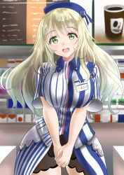 Rule 34 | 10s, 1girl, adapted costume, atago (kancolle), beret, blonde hair, breasts, employee uniform, green eyes, hat, indoors, kantai collection, kasugano tobari, large breasts, lawson, long hair, looking at viewer, name tag, no legwear, open mouth, short sleeves, smile, solo, striped, teeth, uniform, v arms