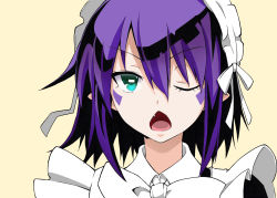 Rule 34 | 1girl, absurdres, alternate costume, chestnut mouth, cotori, cototiworld, enmaided, facial mark, fang, green eyes, highres, maid, maid headdress, makeup, merry nightmare, one eye closed, open mouth, pointy ears, purple hair, short hair, solo, wink, yumekui merry