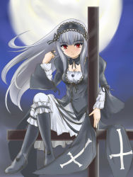 Rule 34 | 00s, 1girl, boots, breasts, cleavage, dress, frills, ginjyasei, twirling hair, hairband, knee boots, long hair, moon, red eyes, rozen maiden, silver hair, small breasts, solo, suigintou